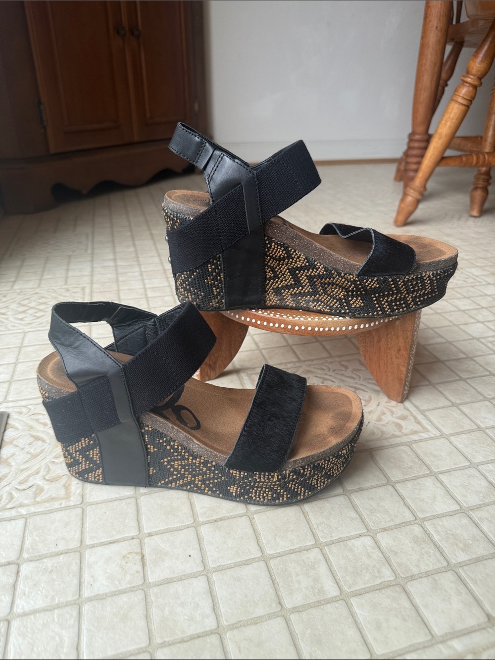 Black and Tan Cow Hide Heels / Wedges with Patterned Weaved Platform